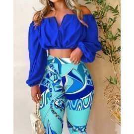 2022 Womens Two Piece Set Summer Off Shoulder Solid Short Top Printed Tight Speaker Pants Women&#39;s Fashion Casual Two Piece Set _iimport Shop911227113/hoodmat.com