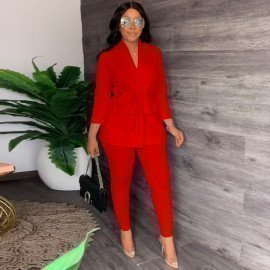 Autumn Casual Two Piece Set African Women Fashion Solid  V-Neck Lace-up Shirt Tight Pants Two-piece Suit Women _iimport Shop911227113/hoodmat.com