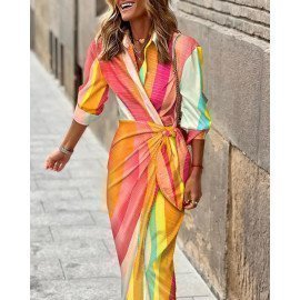 2022 European And American Summer Fashion Casual Print Lapel Bandage Split Skirt Women&#39;s Elegant Slim Fitting Shirt Dress _iimport Shop911227113/hoodmat.com