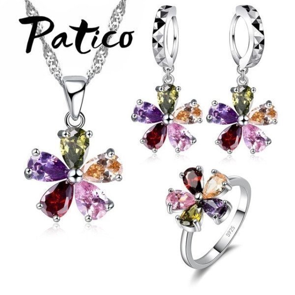 Top Quality Jewelry Set Shining Colorful Cubic Zircon Crystal Flower Necklace Earrings Rings Sterling Silver Bridal Sets Patico/hoodmat.com