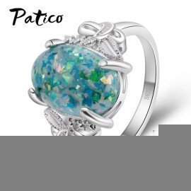 Women Noble Vintage 100% 925 Sterling Silver Ring With Square Blue Opal Stone Ocean Style Elegant Gifts For Mommy Patico/hoodmat.com