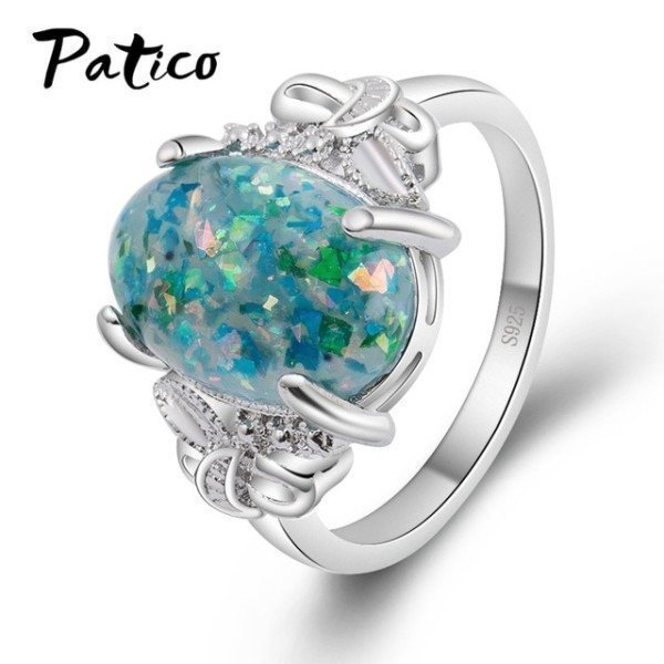 Women Noble Vintage 100% 925 Sterling Silver Ring With Square Blue Opal Stone Ocean Style Elegant Gifts For Mommy Patico/hoodmat.com