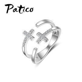 Latest 925 Sterling Silver Free Size Rings Shiny Cz Zircon Stones Double Cross Rhinestones Party Jewelry For Women Femme Patico/hoodmat.com