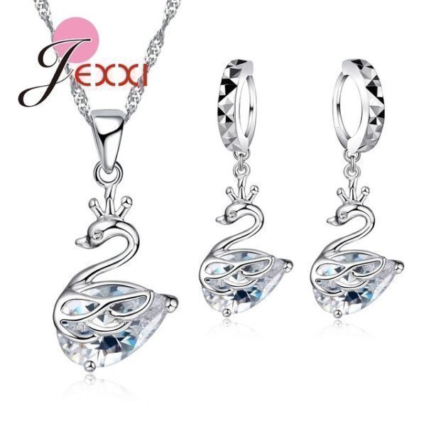 Wedding Jewelry Sets 925 Sterling Silver Cubic Zircoina Goose Swan Necklace Cute Animal Drop Earrings Charms Bride Patico/hoodmat.com