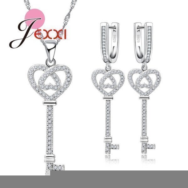 Real 925 Sterling Silver Cubic Zircon Paved Jewelry Sets For Female Lovers Heart And Key Design Bijoux Patico/hoodmat.com
