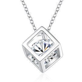 Simple Style Elegant Women Square Shape 925 Sterling Silver Necklaces New Long Cubic Zirconia Pendant   Jewelry For Women Patico/hoodmat.com