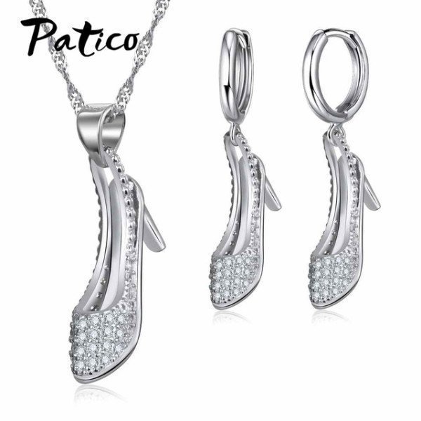 1Sets 925 Sterling Silver High Heels Pendant Earrings For Women Full Crystal Rhinestone Jewelry Gift School Office Lady Patico/hoodmat.com