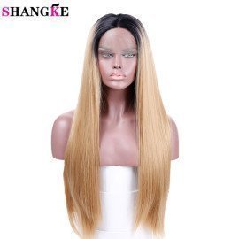 Long Straight Synthetic Lace Front Wigs Ombre Blonen Heat Resistant Two Tone Wigs 150% Density Hand Tied Lace Part  Shangke/hoodmat.com