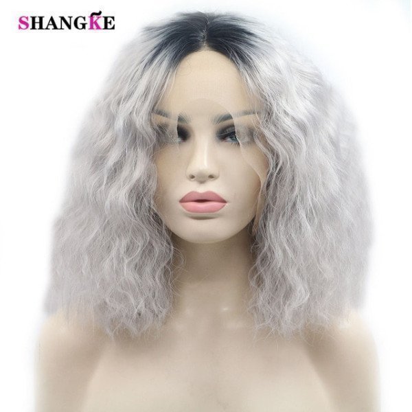 Short Curly Wigs Ombre Black Silver Hair Synthetic Lace Front Wigs High Temperature Fiber Cosplay Wigs Shangke/hoodmat.com