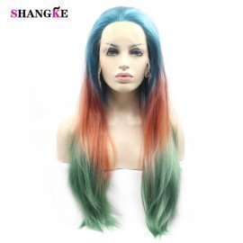 Long Wavy Hair Ombre Blue Red Green Wigs Synthetic Hair Lace Front Wigs High Temperature Fiber Cosplay Wig For Women Shangke/hoodmat.com