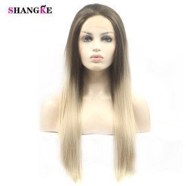 Natural Long Straight Hair Synthetic Lace Front Wigs Ombre High Temperature Fiber Cosplay Wig For Black /White Women Shangke/hoodmat.com