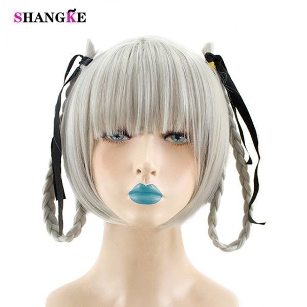 Silver Short Straight Hair Double Braiding Hair Extensions Wigs Heat Resistant Synthetic Cosplay Wig For Women Shangke/hoodmat.com