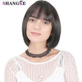 Hair Synthetic Black Brown Wig Short Straight Bob Wigs For White/Black Women Heat Resistant Hair Shangke/hoodmat.com