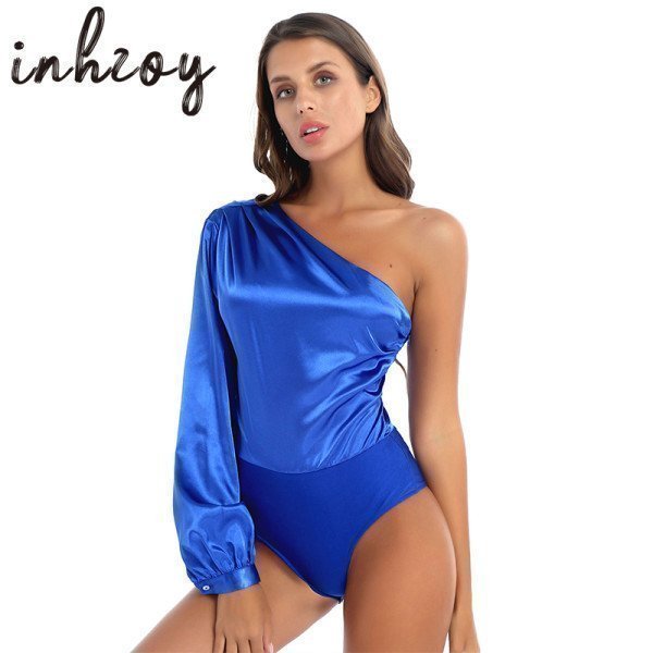 Satin Bodysuit Tops Women Sexy One Shoulder Long Sleeve Zipper Solid Color Jumpsuit Overalls Elegant Lady Romper Shirts Blouses_iimport Aiopeson/hoodmat.com_RiteVilage