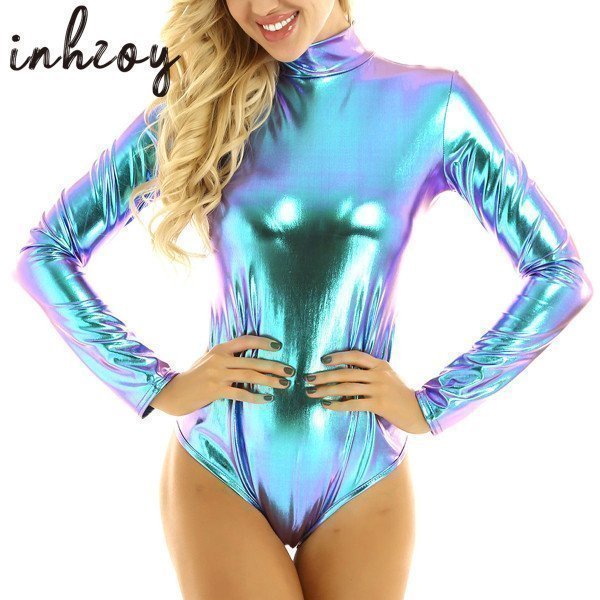 Women Shiny Metallic Long Sleeves Gymnastics Leotard Bodysuit Nightclub Party Festival Rave Stage Performance Pole Dance Costume _iimport inhzoy/hoodmat.com_RiteVilage