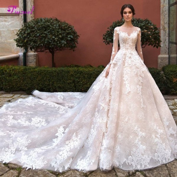 New Fashion O-neck Beaded Long Sleeve A-Line Wedding Dress 2022 Appliques Royal Train Lace Princess Bride Gown Vestido de Noiva _iimport FsuzwelW.S/hoodmat.com_RiteVilage