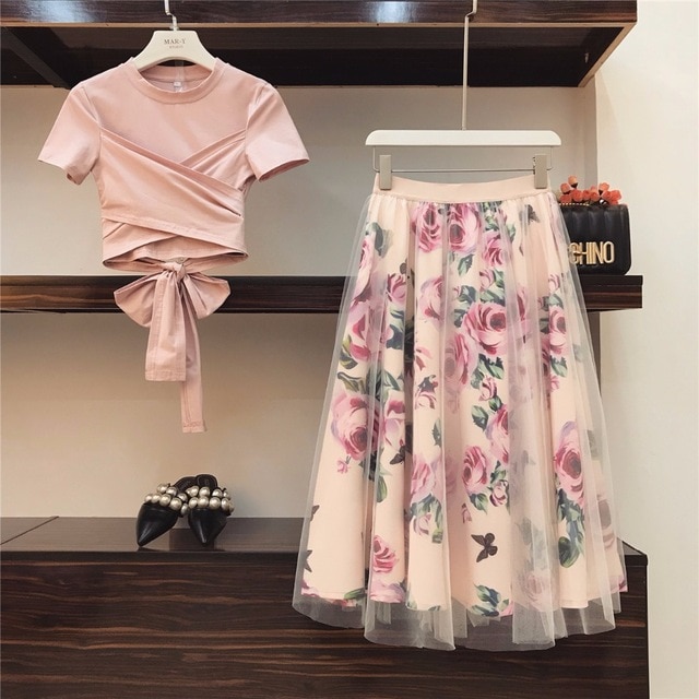 Amolapha Women Irregular T Shirt+Mesh Skirts Suits Bowknot Solid Tops Vintage Floral Skirt Sets For Elegant Woman Amolapha/hoodmat.com