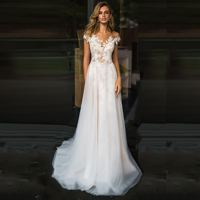 Beach Wedding Dress Lace Scoop A-Line Appliques Tulle Long Princess Vintage Bridal Dress 2019 Custom Made Wedding Gown  Lorie/hoodmat.com