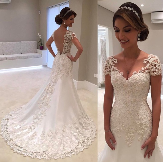 2019 New Illusion Vestido De Noiva White Backless Lace Mermaid Wedding Dress Cap Sleeve Wedding Gown Bride Dress Qq Lover/hoodmat.com