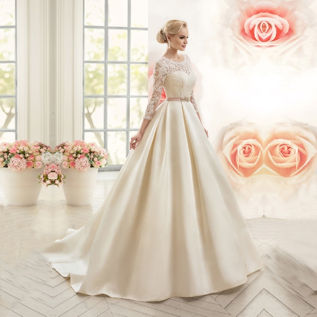 2019 New Simple White Satin Wedding Dress 3/4 Sleeves A Line Bridal Wedding Dress With Beading Sashes Robe De Mariage Trouwjurk  Yiwumensa /hoodmat.com
