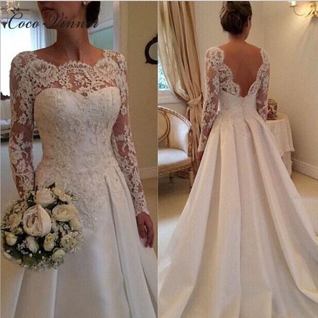 C.V Vestido De Noiva Backless Mariage Wedding Dress 2019 Long Sleeve Court Train Satin Vintage Lace Wedding Dresses W0051 Coco.Vinner/hoodmat.com