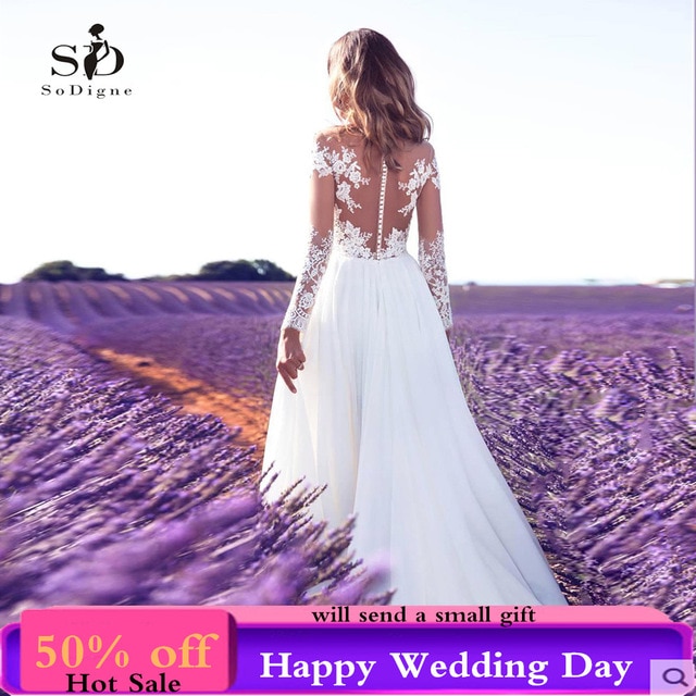 Sodigne Long Sleeves Wedding Dress 2018 Beach Bridal Gown Chiffon Lace Appliques Wedding Dresses White/Lvory Romantic Buttons  Sodigne /hoodmat.com