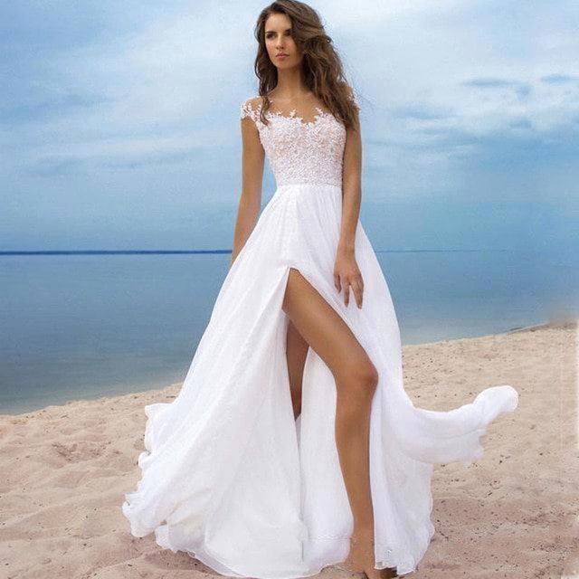 Boho Wedding Dress Scoop A-Line Appliques Chiffon Bride Dress Custom Made High Split Wedding Gown  2019 Lorie/hoodmat.com