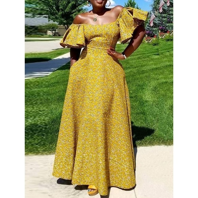 African Yellow Dress Sexy Off Shoulder Print Women Summer Evening Maxi Yellow Ruffle Party Ladies Elegant Long Dresses Wild Colour/hoodmat.com