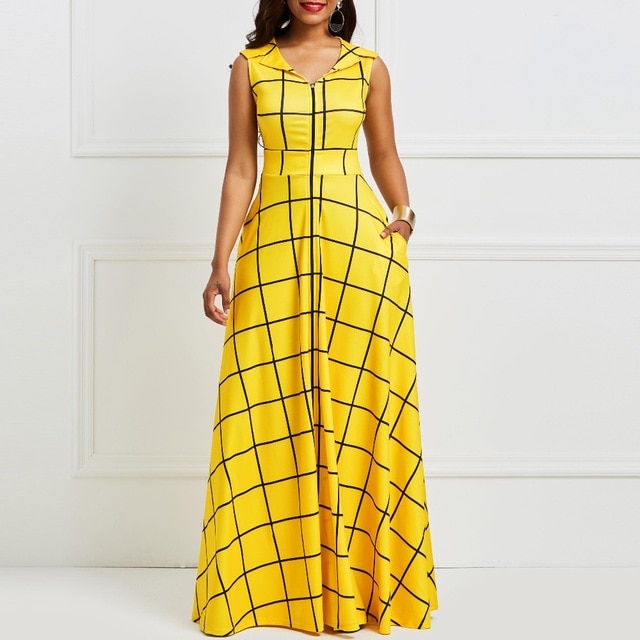 Summer Long Dress Vintage Yellow Plaid Sleeveless Sundress Women Retro African Clothing Plus Size A Line Maxi Dress Wild Colour/hoodmat.com