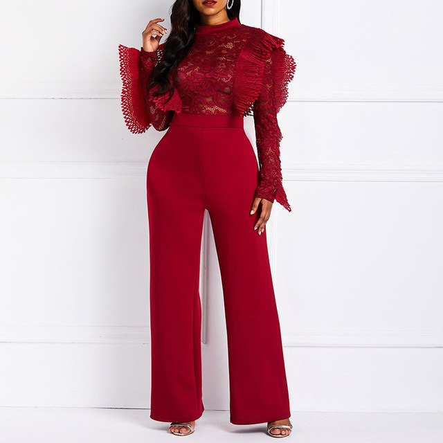 Red Lace Jumpsuits Women See Through Long Sleeve Club Party Overalls Bodycon Ruffles Mesh High Waist Long Sexy Jumpsuit Wild Colour/hoodmat.com