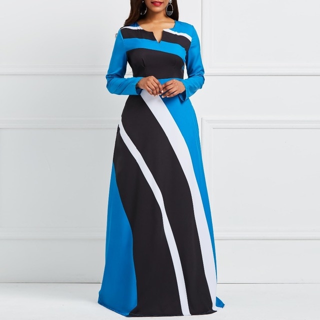 Women Elegant Dress 2018 Autumn A-Line V-Neck Zipper Stripe Color Block Ankle-Length Girl Fashion Office Lady African Long Dress Wild Colour/hoodmat.com