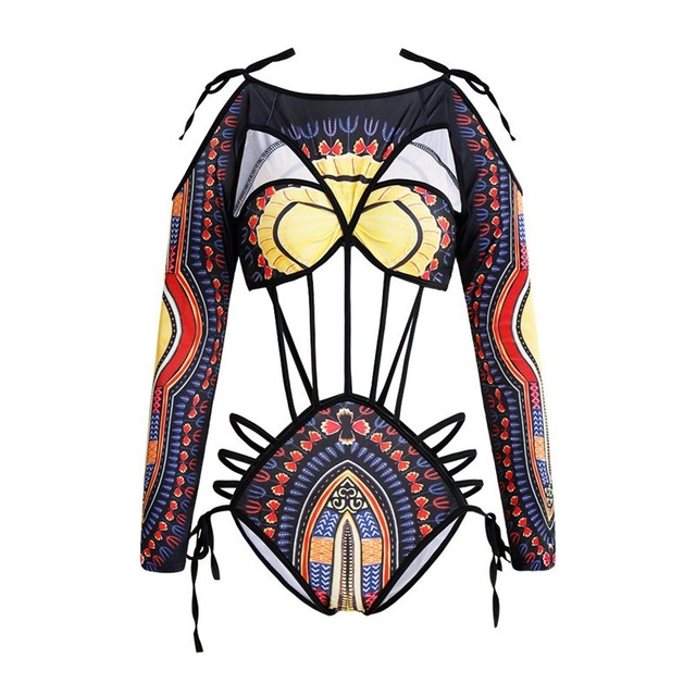Summer Beach Sexy Bodysuit Women Color Print African Ethnic Style Hollow Rompers Long Sleeve Casual Fashion Skinny Body Suits Wild Colour/hoodmat.com
