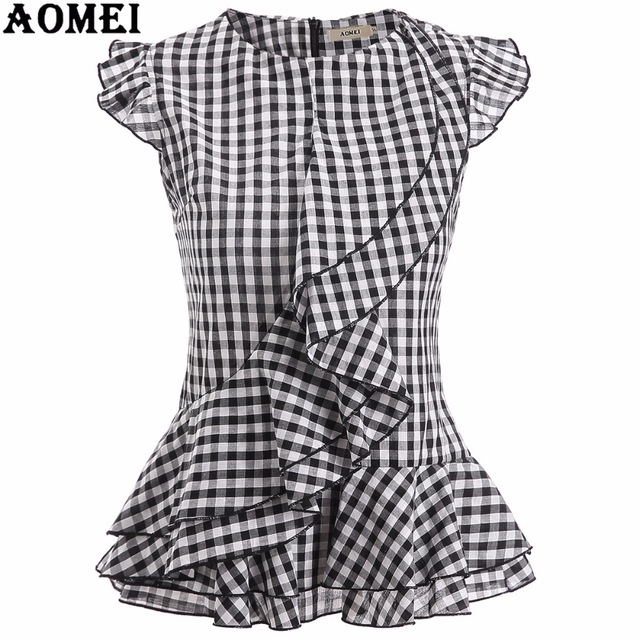 Lady Summer Tops Sleeveless Black Plaid Blouses Shirts Ruffles Trim Woman Vintage Gingham Blusas Plus Size Retro Style Peplum Aomei/hoodmat.com