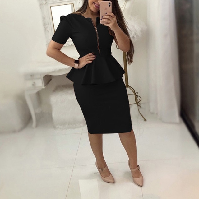 Office Work Dress Women Solid Dresses Short Sleeve Ol Business Dress Elegant Sheath Party Vestidos Blue Black Plus Size Haoohu/hoodmat.com