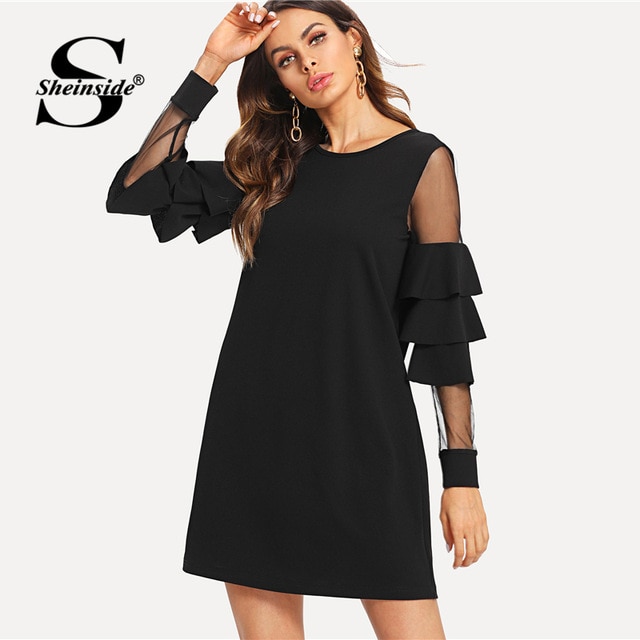 Sheinside Ruffle Long Sleeve Black A Line Work Dresses Ladies Contrast Mesh Tiered Layer Straight Women Elegant Mini Dress Sheinside.Os/hoodmat.com