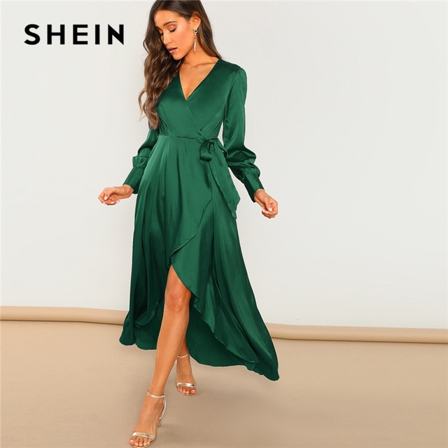Green Solid Surplice Wrap Knot High Waist Belted Maxi Plain V Neck Dress Women Casual Summer Modern Lady Elegant Dress Shein.Os/hoodmat.com