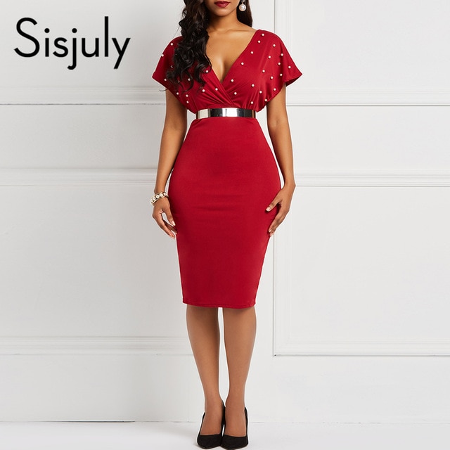 Women Sexy Dresses Ol Working Bodycon Casual Sheath Elegant Red Plain Female Fashion Club Party Black White Dress Sisjuly.Os/hoodmat.com