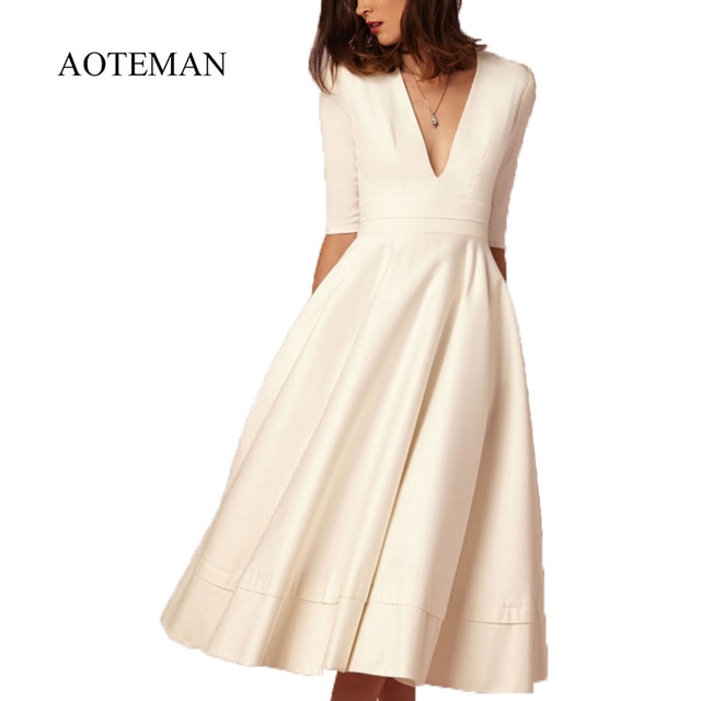 Vintage Autumn Summer Dress Women New Casual Plus Size Elegant Ball Gown Dress Female Sexy V Neck Long Party Dresses 3Xl Aoteman Flulu.Os/hoodmat.com
