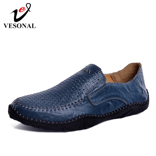 Summer Slip-On Comfortable Hole Genuine Leather Soft Men Shoes Loafers Male Moccasins Flats Casual Boat Driver Driving Vesonal/hoodmat.com