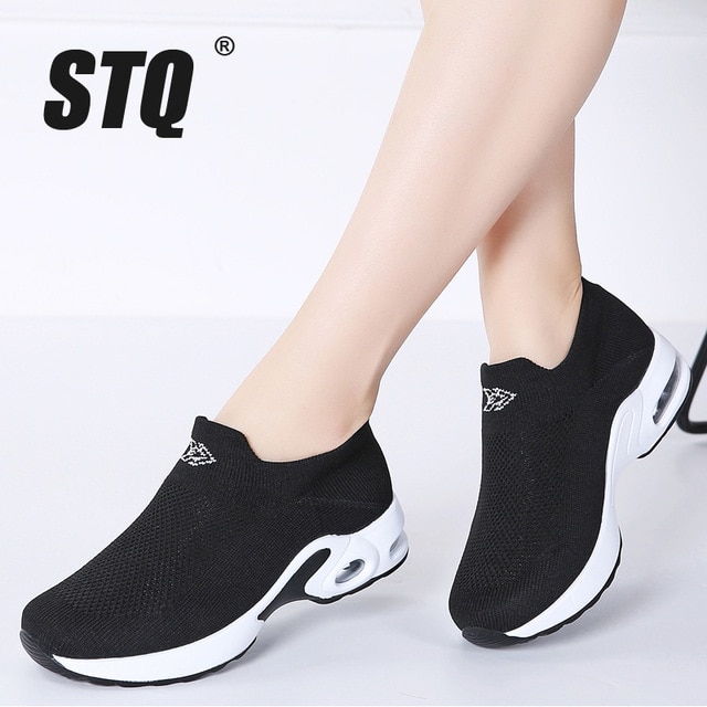 2019 Spring Women Platform Sneakers Shoes Flat Slip On Walking Shoes Women Black Breathable Mesh Sock Sneakers Shoes 1858 Stq/hoodmat.com