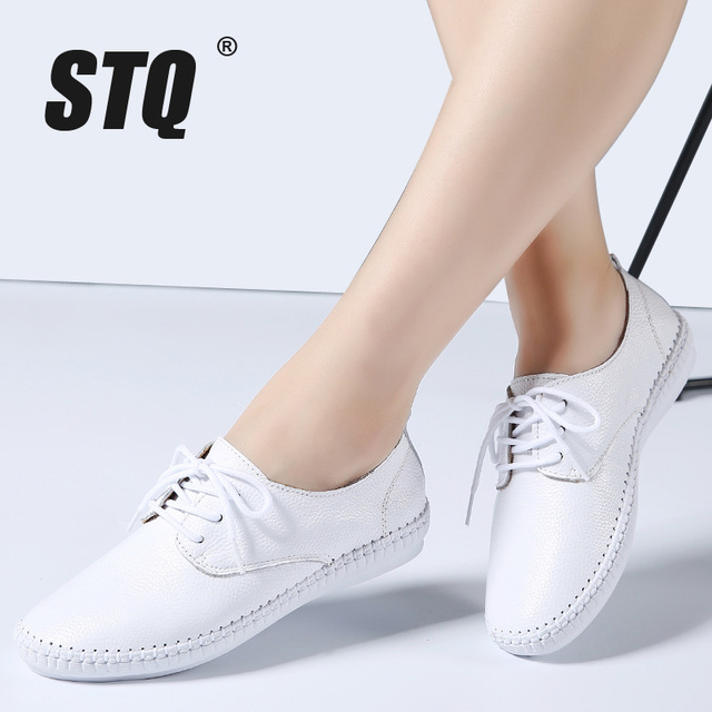 2019 Spring Women Ballet Flats Oxford Flat Shoes Soft Leather Shoes Ladies Lace Up White Black Loafers Flats Boat Shoes B16 Stq/hoodmat.com