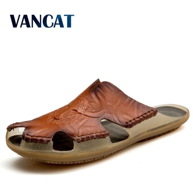 2019 New Men Sandals Genuine Leather Summer Non-Slip MenS Shoes Outdoor Breathable Beach Shoes Men Flip Flops Big Size 38-48  Vancat/hoodmat.com