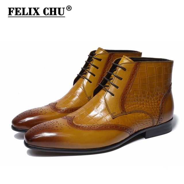 2018 Classic Crocodile Print Genuine Leather Men Ankle Boots High Top Brown Dress Shoes With Wingtip Detail Size 39-46 Felix Chu/hoodmat.com