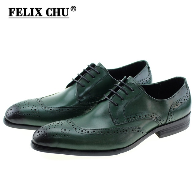 2017 Classic Men Casual Business Genuine Leather Derby Shoes MenS Flat Wedding Party Brogue Green Brown Male Footwear Felix Chu/hoodmat.com